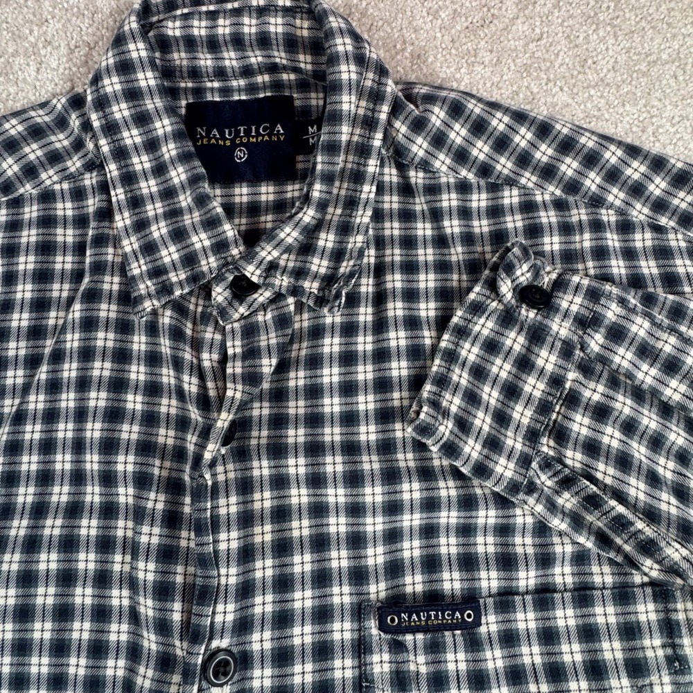 Nautica Jeans Company Mens Medium Plaid Button Front Shirt Navy Blue White